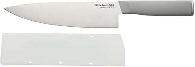 KitchenAid Classic Chef Knife with Custom-Fit Blade Cover, Sharp Kitchen Knife, High-Carbon Japanese Stainless Steel Blade, 8 Inch, Gray
