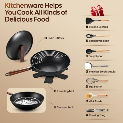 AOSION 13'' Carbon Steel Wok, 12 Piece Wok Pan & Stir-Fry Pans Set with Lid