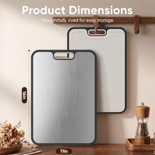 Titanium Cutting Board for Kitchen, Dual-Sided Pure Titanium Surface & Food-Safe PP Chopping Board, Non-Porous, Odor Resistant, Juice Groove, Grinder, Anti-Slip Edges, Easy Clean, 16 x 11 Inch