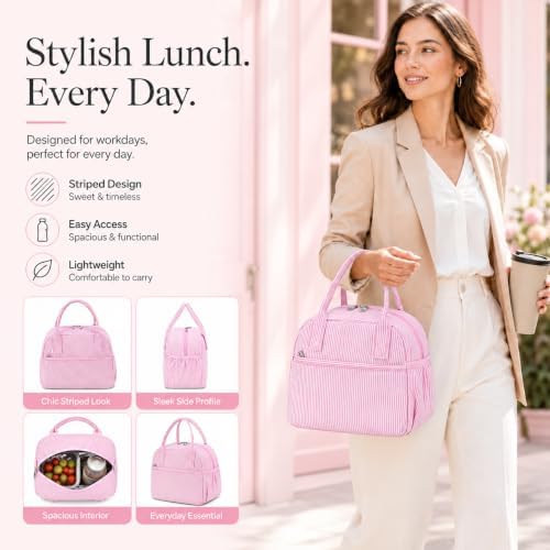 CAMTOP Lunch Box for Women Men Insulated Lunch Bag Lunch Tote Bag Leakproof Thermal Cooler Large Capacity for Travel Work School Picnic (Pink Stripe, Medium)