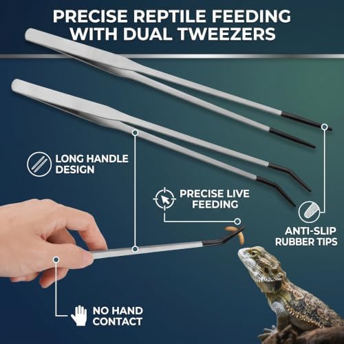 2-Pack Reptile Feeding Tongs, Rubber Tips, 10.6" Stainless Tweezers