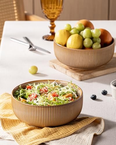 getstar Large Serving Bowls (8 inch & 60 fl oz), Ceramic Salad Bowl Set of 2, Microwave and Dishwasher Safe, Farmhouse Kitchen Decorative Bowls Set (Embossed Stripes, Vintage Yellow)