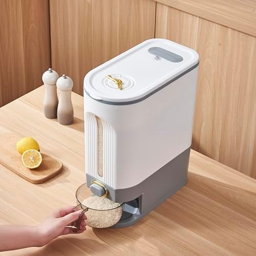 Sooyee 22 Lbs Rice Dispenser with Measuring Cup, White and Grey