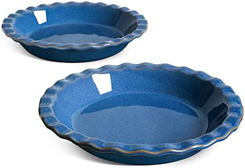 LE TAUCI Ceramic Pie Dish for Baking, 9 Inches Pie Pan for Apple Pie, Pecan Pie, 36 Ounce Pie Plate, Set of 2, Ceylon Blue