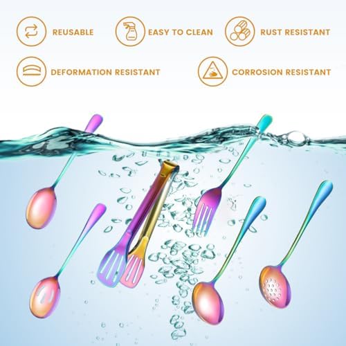 Rainbow Serving Utensils Set Stainless Steel, 15pcs Large Metal Serveware Serving Spoons, Slotted Spoons, Forks, Tongs, Soup and Skimmer Spoon, Cake Server for Partie, Buffet, Catering, Entertaining