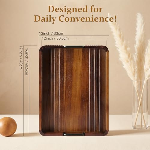 Acacia Wood Serving Tray with Metal Handle, 17x13in Tray for Ottoman