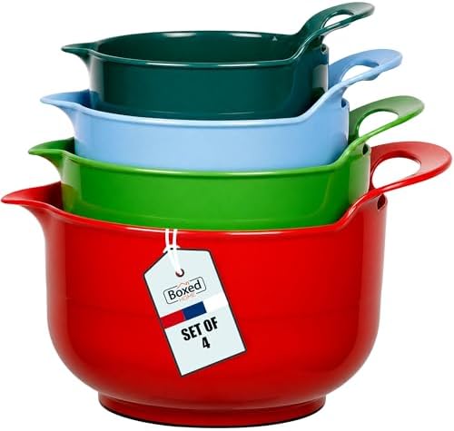 BoxedHome 4 Pack Nesting Mixing Bowl Christmas Set with Pour Spout and Handle, BPA free Microwave & Dishwasher Safe(Christmas colours, 4 Pack with Handle)