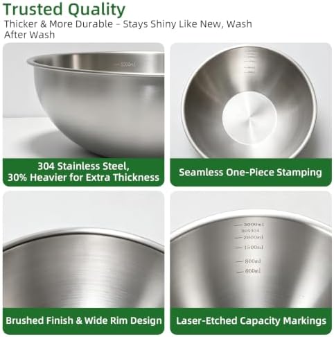 Stainless Steel Mixing Bowls Set, 3-Piece, Thicker-Gauge, Stackable