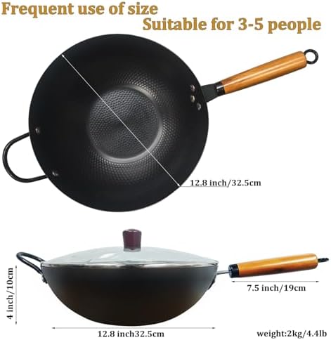 Nonstick Wok,Carbon Steel Wok 12.8-Inch Pan with Glass Lid,Woks & Stir-Fry Pans for Frying Electric,Induction,Gas Stoves Cooking