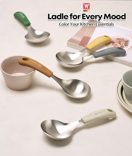 Short Stainless Steel Ladle 220mm (8.6”) – SUS304 Thick Deep Bowl Head with Soft-Grip Silicone Handle – Lightweight Mini Soup & Serving Spoon for Cooking – 5 Color Options (Brown)