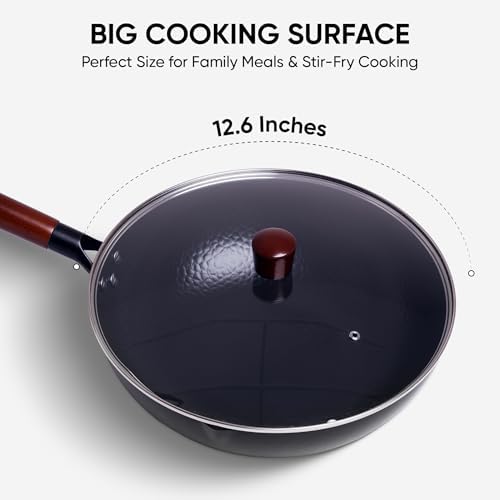 12.6 Inch Carbon Steel Wok Pan with Glass Cover, Pre-Seasoned Flat Bottom Wok for Chinese Cooking, Woks & Stir-Fry Pans Cookware, Compatible with Induction, Electric, Gas & Halogen