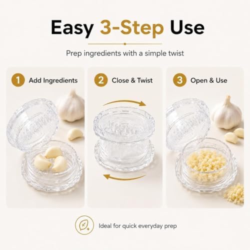 4 Pack Garlic Presses Clear, Manual Garlic Twister Masher - Plastic Garlic Grinder and Mincer Tool Dishwasher Safe & Easy to Clean Rotary Chopper for Garlic, Chili, Onion and Nuts, Compact
