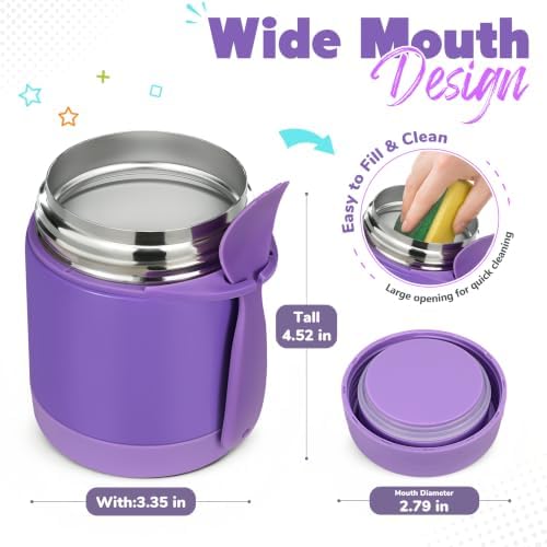 Howeemo 10oz Soup Thermo for Hot Food Kids, Insulated Food Jar with Spoon, Leak Proof Stainless Steel Wide Mouth Lunch Food Thermo Jar for School (Purple)