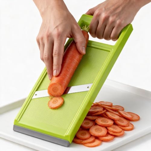 Handheld Potato Slicer & French Fry Cutter, Stainless Steel Manual Vegetable Slicer for Homemade Fries, Carrot, Zucchini, Easy-Grip Slicer, 4.25x10.8 Inch Kitchen Gadget(Green)
