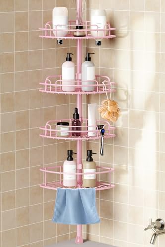 HAMITOR Corner Shower Caddy Tension Pole: 4-Tier Bathroom Organizer Pink