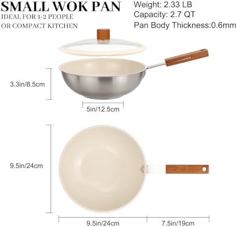 MARSKITOP Ceramic Wok with Lid, 9.5 Inch Stainless Steel Nonstick Stir Fry Pan with Wooden Handle, Compatible with All Stovetops, PFAS Free