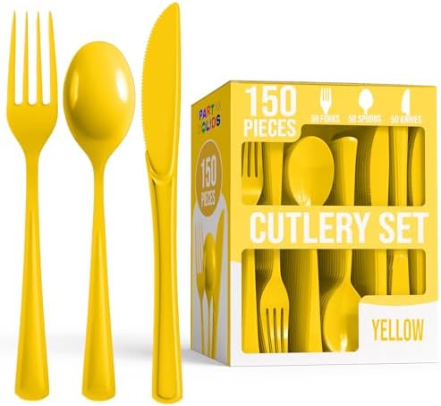 Party Solids Yellow Plastic Silverware 150 Pcs Yellow Cutlery Set