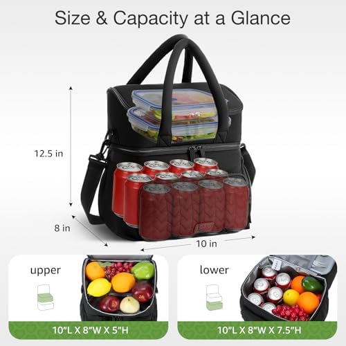 Double Deck Lunch Bag for Women, Black-XL