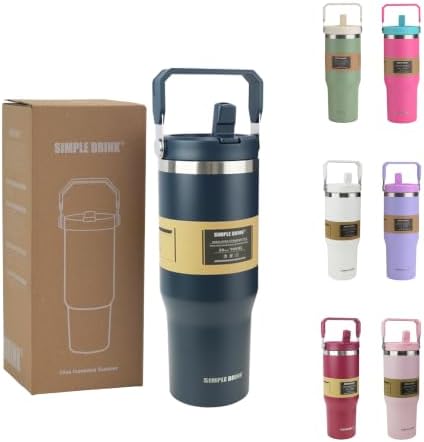 30oz Flip Straw Insulated Water Bottle with Handle, Leak Proof Stainless Steel Tumbler, Double Wall Vacuum Travel Coffee Mug for Cold Drinks, Gym Office Travel Essentials