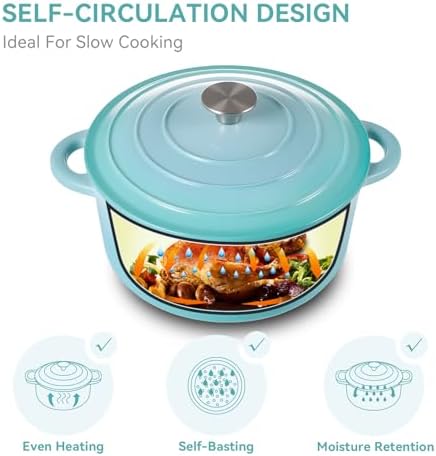 Miereirl 6 Quart Enameled Dutch Oven Pot with Lid, Cast Iron Dutch Oven with Dual Handles for Bread Baking, Cooking, Non-stick Enamel Coated Cookware, Light Blue