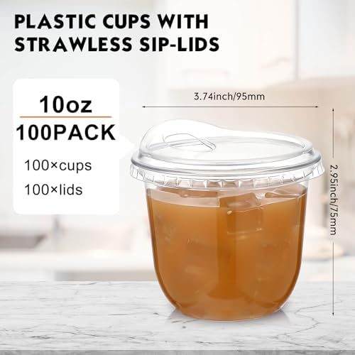 Baderke 100 Pcs Round Bottom Plastic Cups with Lids Clear Togo,10 Oz