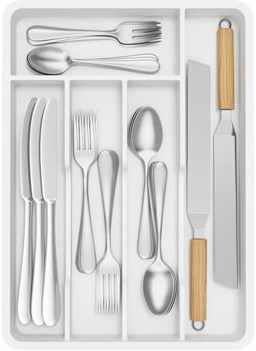 Lifewit Silverware Drawer Organizer Tray, Plastic Cutlery Storage for Kitchen, Flatware and Utensil Holder Divider for Spoons Forks Knives Tableware, 9.5 x 13.4", 5 Slots, White