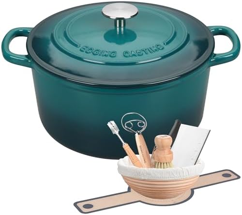 EDGING CASTING Enameled Cast Iron Dutch Oven with Sourdough Bread Baking Kit, Bread Dutch Oven with Lid, Includes Proofing Basket & Baking Tools, 5qt, Darkcyan
