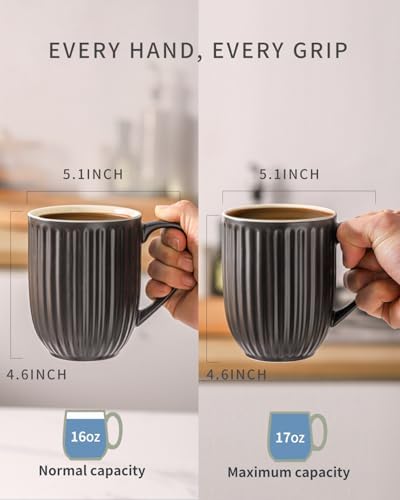 HASENSE 16oz Ceramic Coffee Mugs Set of 4, Black Ribbed Latte Cups with Large Ergonomic Handle, Modern Lightweight, Great for Coffee, Tea & Cocoa, Dishwasher & Microwave Safe