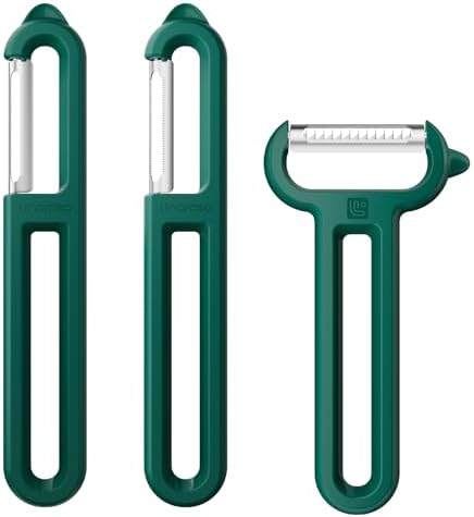 Linoroso 3-Piece Vegetable Peeler Set - Straight, Serrated & Julienne Y-Peeler, Dishwasher Safe, Ideal for Veggies & Fruits, Green