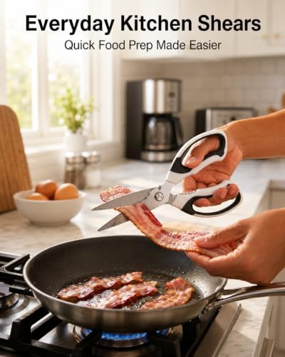 Kitchen Shears for Everyday Food Prep, Serrated Stainless Steel Kitchen Scissors with Comfort Grip Handles and Protective Sheath, Dishwasher Safe Food Scissors for Herbs, Bacon, Pizza, Food Package