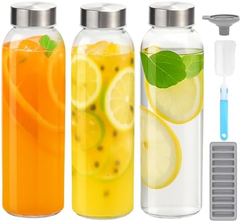 Zukro Glass Water Bottles with Stainless Steel Lids 24 oz, Set of 3