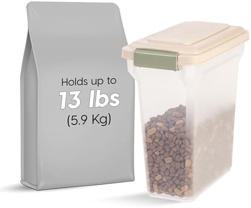 IRIS USA WeatherPro Airtight Dog Food Storage Container, Up to 13 lbs, for Dog Cat Bird and Other Pet Food Storage Bin, Pet Supplies, Keep Fresh, BPA Free, Clear/Almond (Pack of 2)