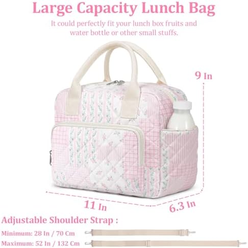 WOBAGMEN Quilted Lunch Box for Women, Insulated Lunch Bag for Adult,Cute Lunch Tote Bags for Work Picnic Travel (pink floral pin, M)