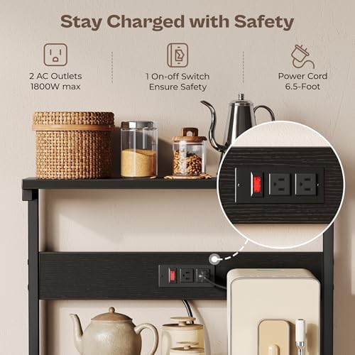 SUPERJARE Kitchen Bakers Rack with Power Outlet, Coffee Bar Table 4 Tiers, Kitchen Microwave Stand with 6 S-shaped Hooks, Storage Shelf Rack for Spices, Pots and Pans - Black