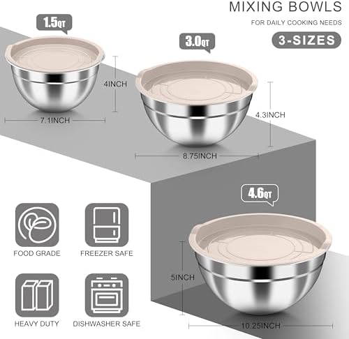 HaWare Mixing Bowls with Airtight Lids, 6-Piece Stainless Steel Salad Bowls