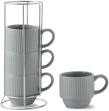 Hasense Stackable Coffee Mugs With Stand, 12 oz Stackable Coffee Cups Ceramic, Modern Ribbed Latte Cup Sets for Cappuccino, Tea, Espresso, Hot Cocoa, Drinks - Dishwasher & Microwave Safe, Grey