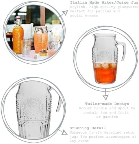 Bormioli Rocco Romantic, Elegant Floral Glass Pitcher, 60.75 oz, Made In Italy.