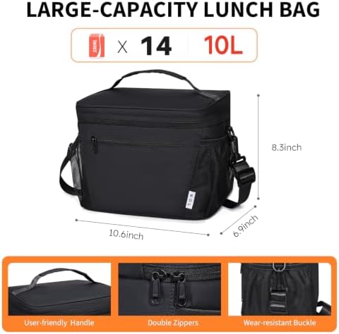 NOL Insulated Lunch Bag for Women Men Adults, Reusable Lunch Tote with Adjustable Shoulder Strap, Leakproof Thermal Food Cooler Bag with Front Pocket and Side Mesh Pockets for Work Travel, Black
