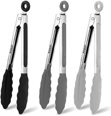 Anaeat 3 Pack 7" Mini Non-Stick Silicone Locking Tongs - Stainless Steel Kitchen Food Tong with Non-Slip Silicone Tips and Grip for Cooking, Baking and BBQ - Metal Tongs Heat Resistant up to 480°F