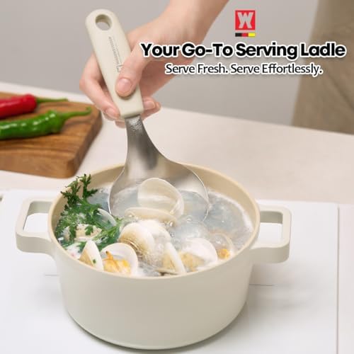Short Stainless Steel Ladle 220mm (8.6”) – SUS304 Thick Deep Bowl Head with Soft-Grip Silicone Handle – Lightweight Mini Soup & Serving Spoon for Cooking – 5 Color Options (Ivory)
