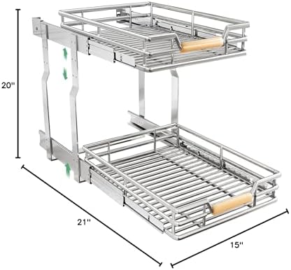 Pull out Cabinet Organizer, 2 Tiers 15"W X 21"D, Heavy Duty Smooth Sliding Under Cabinet Shelves for Pots and Pans, Full-Extension Roll out Drawers, Slide out Organization for Home Kitchen Pantry