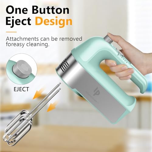 Hand Mixer Electric, 450W Kitchen Mixers with Scale Cup Storage Case, Turbo Boost/Self-Control Speed + 5 Speed + Eject Button + 5 Stainless Steel Accessories, For Easy Whipping Dough, Cream, Green