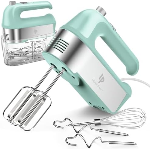 Hand Mixer Electric, 450W Kitchen Mixers with Scale Cup Storage Case, Turbo Boost/Self-Control Speed + 5 Speed + Eject Button + 5 Stainless Steel Accessories, For Easy Whipping Dough, Cream, Green