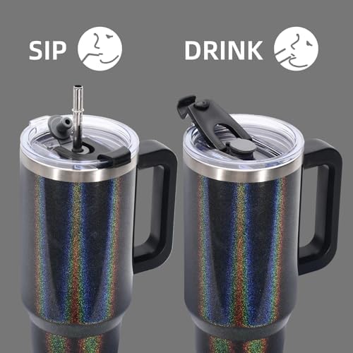 40 oz Shiny Tumbler with Handle and Straw,Stainless Steel Tumbler with Lid and Straw,Insulated Travel Mug(Cold for 34 Hours),Water Bottle for Iced Tea,Coffee (Black)