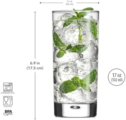 Home Essentials & Beyond Highball Glasses set of 4, 17 oz Drinking Glasses, Red Series Heavy Bubble Base