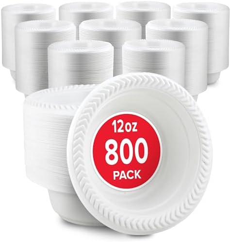 Stock Your Home 800 Count 12 oz White Plastic Bowls, Bulk Pack of Small Plastic Disposable Bowls for Dessert, Ice Cream, Pet Food - Heavy Duty Single Serving Bowls for Catering or Every Day Use