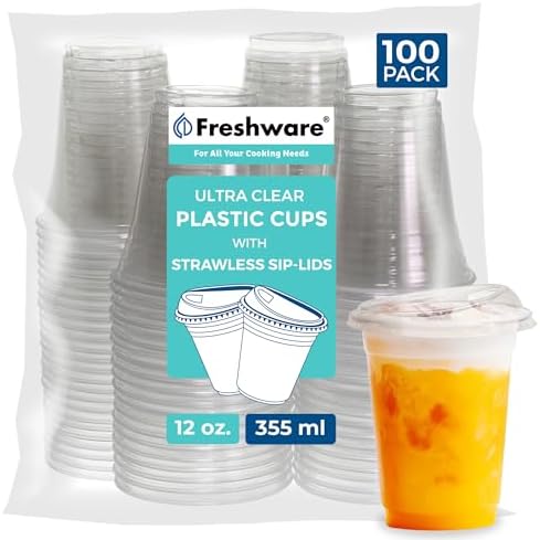 Freshware Clear Plastic Cups with Strawless Sip Lids [100 Cups - 12 oz] Disposable Cup for Iced Coffee, Smoothie, Milkshake, Cold Drinks