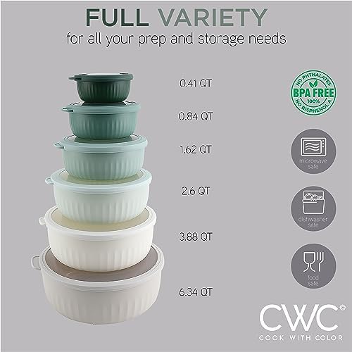 COOK WITH COLOR Prep Bowls with Lids- Wide and Deep Nesting Plastic Small Mixing Bowl Set with Lids, 12 Piece Set - Wide Bowls, Green