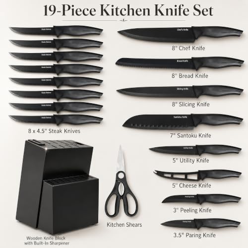 19-Piece Knife Set with Block with Built-in Sharpener, Dishwasher Safe