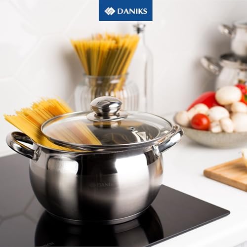 Daniks Classic 2 Quart Stainless Steel Stock Pot with Glass Lid, Tri-Ply Bottom for Even Heating, Induction Compatible, Dishwasher Safe